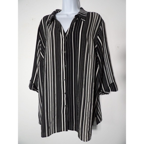 Catherines 1X 18/20 Blouse Black White Striped Collared Button Office Career - Picture 11 of 11